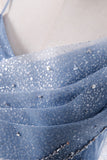 Blue Tulle Long A-Line Prom Dresses, Blue Spaghetti Strap Evening Dresses HZ0429