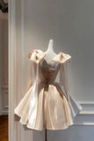 Champagne Satin Strapless Prom Dress with Bow Shoulder HZ0429