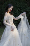 Ivory Tulle Long Sleeve Prom Dress, A-Line Evening Dress with Butterfly HZ0429