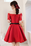Red Satin Lace Short Prom Dresses, A-Line Evening Party Dresses HZ0429