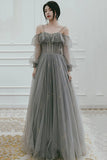 Gray Tulle Sequins Long Prom Dresses, A-Line Evening Dresses HZ0429