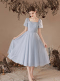 Gray Tulle Pearl Short Prom Dress, Cute Short Sleeve Party Dress HZ0429