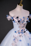 Beautiful A-Line Tulle Beads Long Prom Dress, Blue Off the Shoulder Formal Dress HZ0429