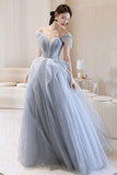 Lovely Tulle Long A-Line Prom Dress, Blue Tulle Evening Dress HZ0429