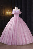Beautiful Tulle Sequins Long Prom Dress, A-Line Off the Shoulder Party Dress HZ0429