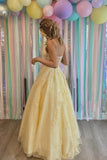 Yellow V-Neck Lace Long Prom Dress, A-Line Backless Evening Dress HZ0429