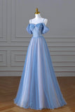 Blue Spaghetti Strap Tulle Floor Length Prom Dress, A-Line Evening Dress HZ0429