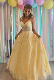Yellow V-Neck Lace Long Prom Dress, A-Line Backless Evening Dress HZ0429