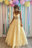 Yellow V-Neck Lace Long Prom Dress, A-Line Backless Evening Dress HZ0429