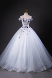 Beautiful A-Line Tulle Beads Long Prom Dress, Blue Off the Shoulder Formal Dress HZ0429