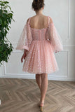 Pink Tulle Short Prom Dresses, Cute Puff Sleeved Mini Party Dresses HZ0429