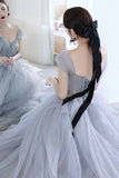 Lovely Tulle Long A-Line Prom Dress, Blue Tulle Evening Dress HZ0429
