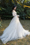 Ivory Tulle Long Sleeve Prom Dress, A-Line Evening Dress with Butterfly HZ0429