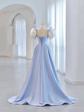 Blue Short Sleeve Saitn Formal Evening Dress, Cute A-Line Junior Prom Dress HZ0429