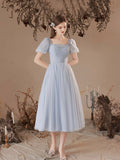 Gray Tulle Pearl Short Prom Dress, Cute Short Sleeve Party Dress HZ0429