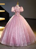 Pink Tulle and Lace Long Prom Dress with Sequins, Beautiful A-Line Sweet 16 Dress HZ0429