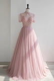 Pink Tulle Beading Long Prom Dresses, Lovely A-Line Evening Party Dresses HZ0429