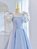 Blue Short Sleeve Saitn Formal Evening Dress, Cute A-Line Junior Prom Dress HZ0429