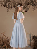 Gray Tulle Pearl Short Prom Dress, Cute Short Sleeve Party Dress HZ0429