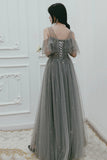 Gray Tulle Sequins Long Prom Dresses, A-Line Evening Dresses HZ0429