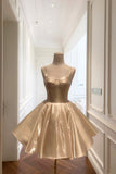 Champagne Satin Strapless Prom Dress with Bow Shoulder HZ0429