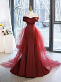 Mermaid V-Neck Satin Long Prom Dress,  Burgundy Off Shoulder Evening Dress with Bow HZ0429