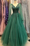 Green V-Neck Tulle Long Prom Dresses, A-Line Long Sleeve Evening Dresses HZ0429