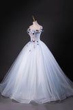 Beautiful A-Line Tulle Beads Long Prom Dress, Blue Off the Shoulder Formal Dress HZ0429