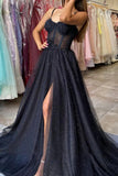 Black Lace Long A-Line Prom Dresses, Black Spaghetti Strap Evening Dresses HZ0429