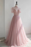 Pink Tulle Beading Long Prom Dresses, Lovely A-Line Evening Party Dresses HZ0429