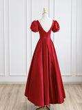 Red Satin Long Prom Dress, Simple A-Line Short Sleeve Evening Party Dress HZ0429