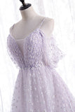 Lovely V-Neck Floral Tulle Long Prom Dress, Lavender A Line Evening Party Dress HZ0429