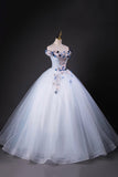 Beautiful A-Line Tulle Beads Long Prom Dress, Blue Off the Shoulder Formal Dress HZ0429