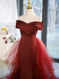 Mermaid V-Neck Satin Long Prom Dress,  Burgundy Off Shoulder Evening Dress with Bow HZ0429
