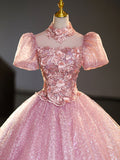 Pink Tulle and Lace Long Prom Dress with Sequins, Beautiful A-Line Sweet 16 Dress HZ0429