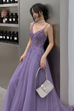 Purple Lace Long Prom Dresses, A-Line Purple Evening Graduation Dresses HZ0429