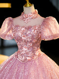 Pink Tulle and Lace Long Prom Dress with Sequins, Beautiful A-Line Sweet 16 Dress HZ0429