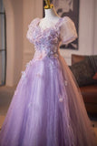 Lilac Crumpled Tulle Long Prom Dress, Beautiful Flower Fairy Evening Party Dress HZ0429