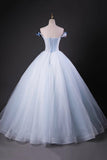 Beautiful A-Line Tulle Beads Long Prom Dress, Blue Off the Shoulder Formal Dress HZ0429