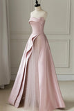 Pink Strapless Satin Floor Length Prom Dress, A-Line Formal Evening Dress HZ0429