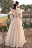 Cute Tulle Long A-Line Prom Dresses, Champagne Lace-Up Party Dresses HZ0429