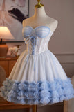 Sweetheart Neck White and Blue Ruffle Tulle Dress | Formal Short Dress HZ0429