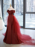 Mermaid V-Neck Satin Long Prom Dress,  Burgundy Off Shoulder Evening Dress with Bow HZ0429