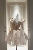 Champagne Satin Strapless Prom Dress with Bow Shoulder HZ0429