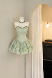 Sage Green Strapless Lace Mini Party Dress with Ruffles HZ0429