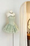 Sage Green Strapless Lace Mini Party Dress with Ruffles HZ0429