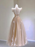 Champagne Lace Tea Length Prom Dresses, A-Line Evening Dresses HZ0429