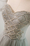 Gray Tulle Beading Long Prom Dress, A-Line Short Sleeve Evening Dress HZ0429