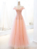 Pink Tulle Sequins Long Prom Dress, A-Line Lovely Evening Party Dress HZ0429