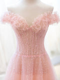 Pink Tulle Sequins Long Prom Dress, A-Line Lovely Evening Party Dress HZ0429